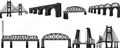 Bridge Silhouettes Vector Set Featuring Suspension Arch Truss and Beam Bridges for Transportation Infrastructure Engineering and Urban Architecture Design Collection