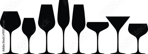Black Silhouette Set of Various Elegant Glassware Icons Including Wine Champagne Martini and Cocktail Glasses Isolated on White Background for Bar and Restaurant Design