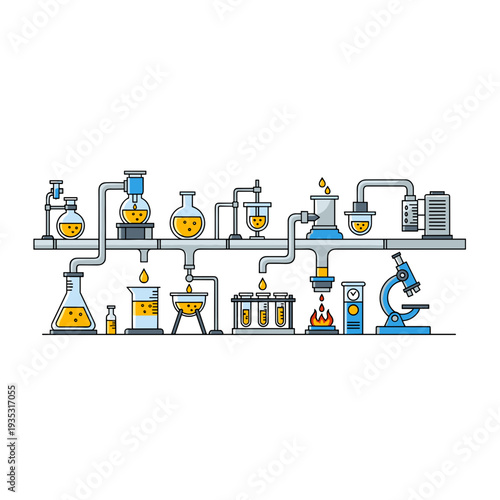 Laboratory equipment in flat design with colorful beakers and microscope  