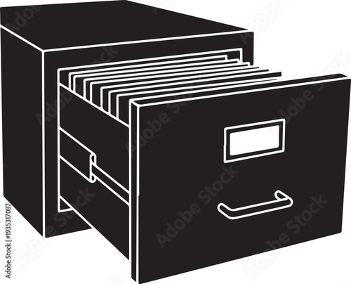 Black file cabinet with open drawer and white outline