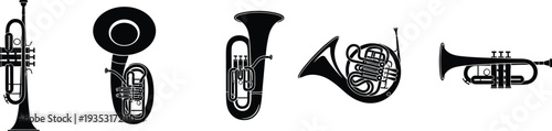Brass Musical Instruments Silhouette Set Trumpet Tuba French Horn Cornet Orchestra Band Wind Instrument Collection Vector Illustration Isolated