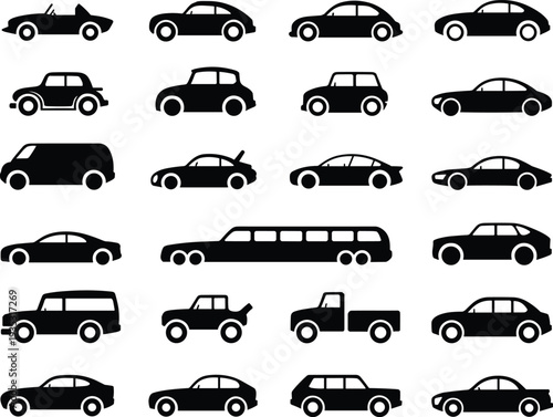 Assorted vehicle silhouette icons including limousine pickup truck and compact cars on white background