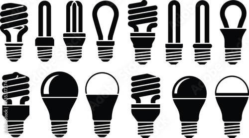 Assortment of black silhouette lightbulb icons, displaying various styles from spiral to traditional forms