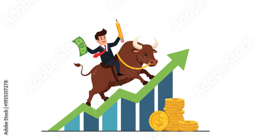 Businessman riding bull on upward trending graph symbolizing financial success and investment growth steadily