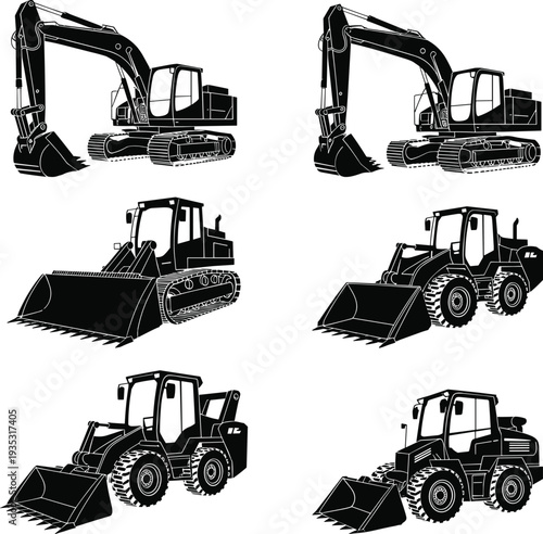 Collection of black and white vector illustrations showcasing various construction machines such as excavators and front-end loaders