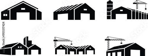 Collection of black and white vector illustrations showing various industrial buildings and structures with different architectural styles and functions