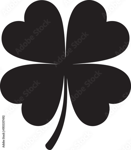 A simple black silhouette of a lucky four leaf clover on a clean white background