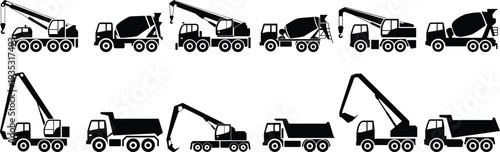 Collection of black construction vehicle silhouettes on white background