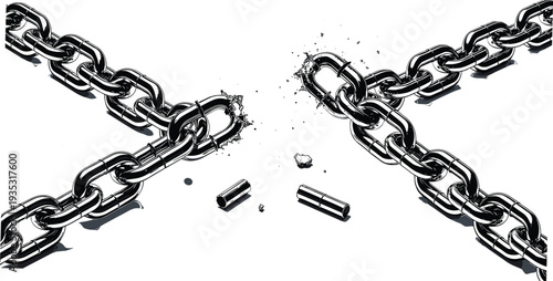 Heavy Metal Chrome Chain Breaking Apart and Shattering Into Pieces Symbolizing Freedom Liberation Power Strength and Overcoming Obstacles Against a Clean White Background