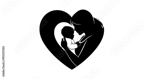 Black vector icon of mother holding baby in heart
