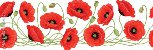 Minimalist hand drawn line art vector of red poppy wild flowers border with stems and buds on white background for floral frame