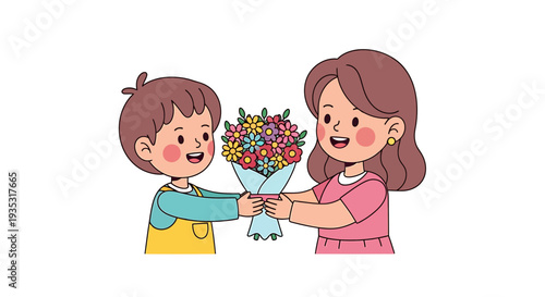 Vector illustration of a girl giving a bouquet of flowers to a little girl