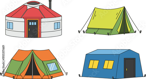 Camping Tents and Yurt Vector Illustration Set Featuring Outdoor Shelter Structures for Travel Adventure Hiking Tourism and Nature Exploration Design Collection