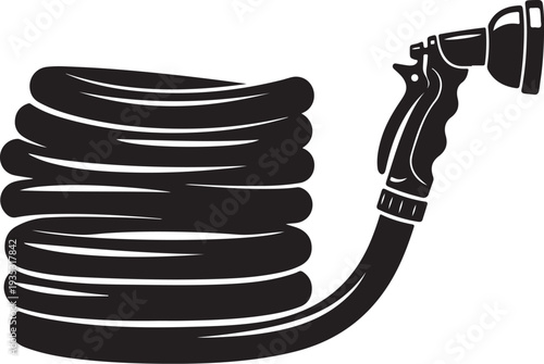 Coiled black hose with nozzle on white background illustration