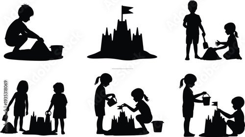 Children Building Sandcastle on Beach Silhouette Set Kids Playing with Buckets and Shovels Summer Childhood Activity Friendship and Creative Sand Play