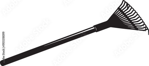 Black garden rake with long handle and metal tines tool