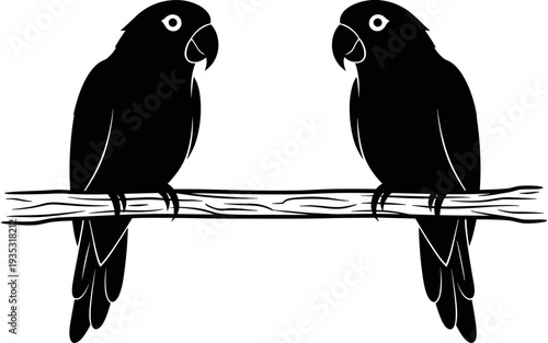 Lovebirds sitting on tree branch with heart silhouette, romantic couple birds vector illustration, wedding and valentine day decoration element.