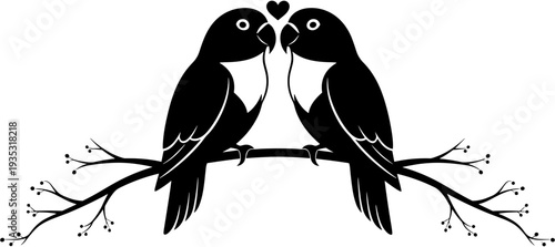 Lovebirds sitting on tree branch with heart silhouette, romantic couple birds vector illustration, wedding and valentine day decoration element.