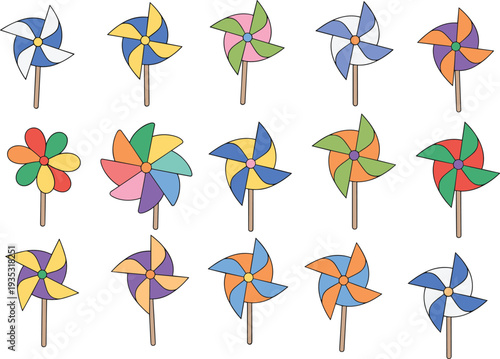 Colorful pinwheel toy collection with different spinning windmill designs, playful children garden decorations, cartoon style wind spinner set isolated on white background