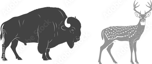 American bison and axis spotted deer silhouettes set, wild animal collection isolated on white background, buffalo and buck vector.