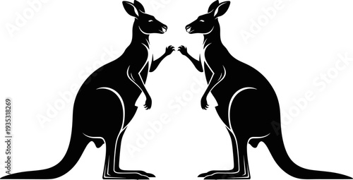 Two black kangaroo silhouettes standing face to face, Australian wildlife vector illustration, isolated marsupial icons for nature and zoo designs.