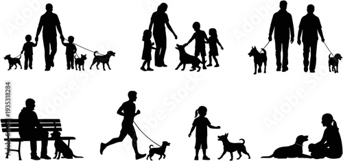 People silhouettes with dogs set, families walking pets, runners, children playing with puppies, man on bench, isolated black vector illustrations.