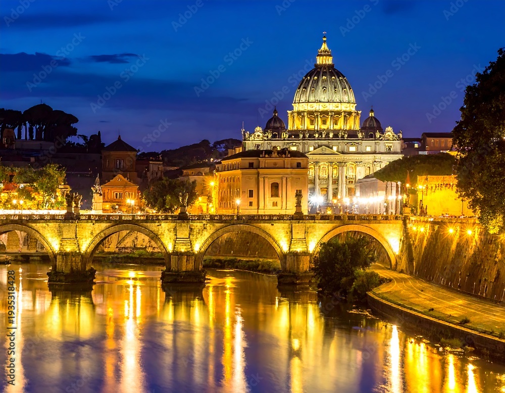 Fototapeta premium Illuminated cityscape at dusk, featuring a domed structure and arched bridge reflecting in calm water. The night sky is deep blue