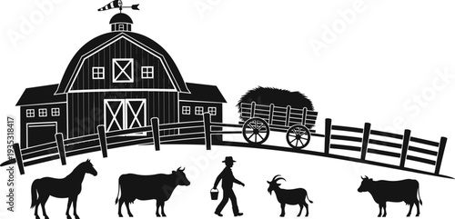 Rustic farm silhouette vector, countryside barn with livestock, cattle horse goat farmer graphic, rural landscape agriculture illustration, harvest hay wagon design.