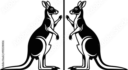 Kangaroo silhouette vector illustration, mirrored Australian wildlife graphic, standing marsupial emblem, black and white animal design, bushland nature icons, fauna logo element.