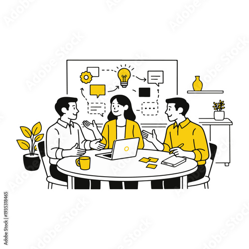 Three colleagues collaborating and brainstorming together around a table with a laptop and notes in a modern office setting with a whiteboard