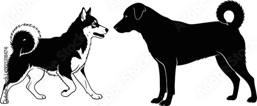 Black silhouettes of two dogs, a husky and a large breed, facing each other, isolated on white background, pet vector illustration.