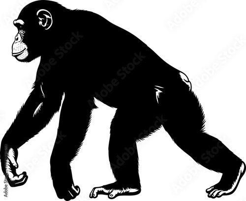 Black silhouette of a chimpanzee walking in profile view, isolated on white background, wild African ape animal vector illustration.