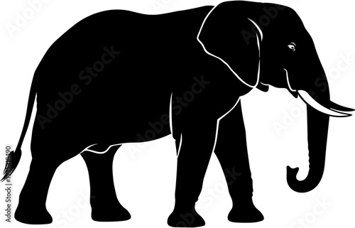 Black silhouette of a large African elephant with tusks walking, isolated on white background, wild animal nature vector illustration.