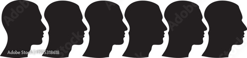 Five black silhouettes of human heads in profile facing right white background