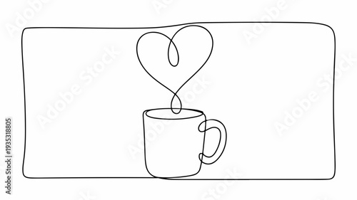 Minimalist line art illustration of a coffee cup with heart shaped steam rising symbolizing love and warmth in a simple elegant design
