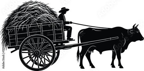 Black and white vector silhouette of a farmer driving an ox drawn wooden cart filled with hay for traditional agriculture and rural farming concepts