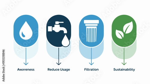 Modern infographic design featuring awareness reduce usage filtration and sustainability concepts for eco friendly practices and water conservation
