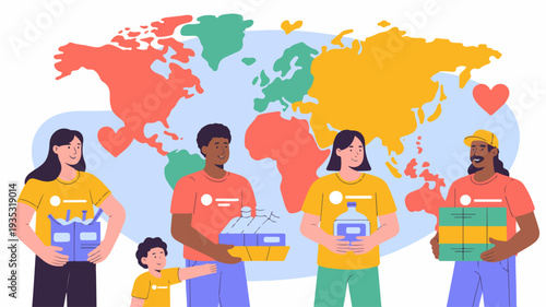 Diverse group of people holding boxes together in front of a colorful world map with hearts symbolizing global unity and charity