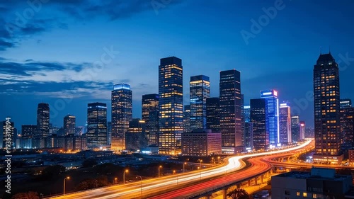 Wallpaper Mural Nighttime cityscape of modern metropolis with illuminated skyscrapers and light trails from traffic on elevated highway — urban energy, business hub, futuristic skyline Torontodigital.ca