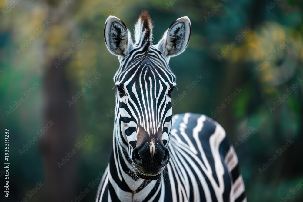 Fototapeta premium Zebra standing, facing camera, showing its distinct black and white stripes