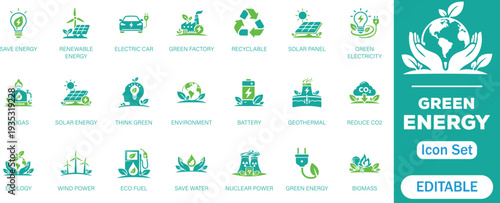 Green energy solid icon set. featuring renewable energy, ecology, green electricity, Green Factory, Save Energy, Solar Panel, Geothermal, Nuclear Power and more. perfect for vector icons collection.

