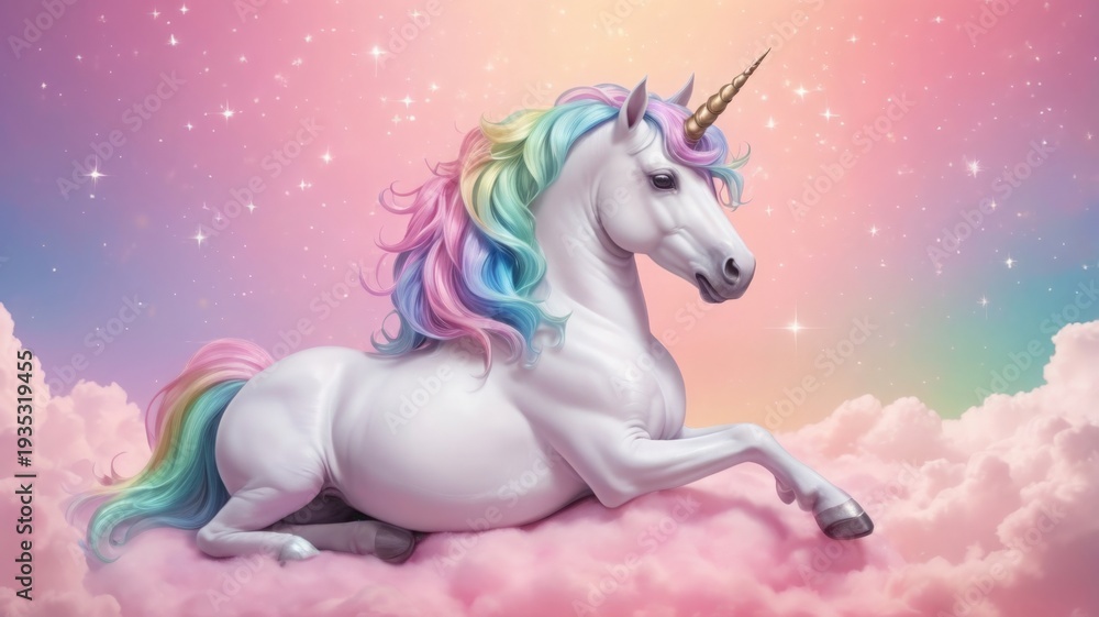 Naklejka premium Illustration of a unicorn on pink clouds