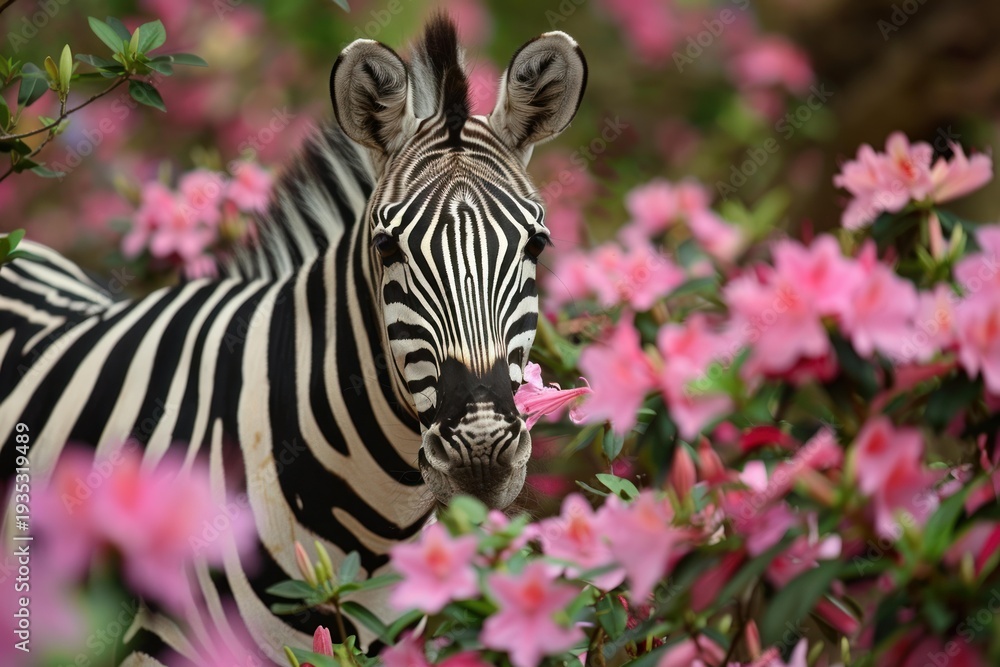 Fototapeta premium Zebra smelling a delicate pink azalea flower, blending with nature in a striking portrait