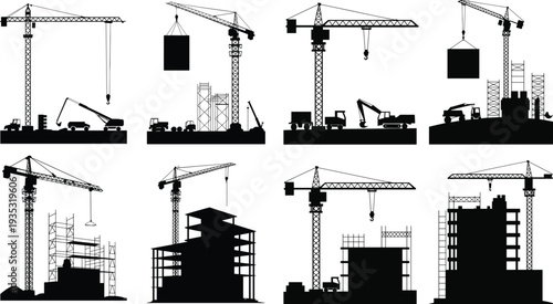 Industrial construction scene silhouettes featuring various cranes and building frames