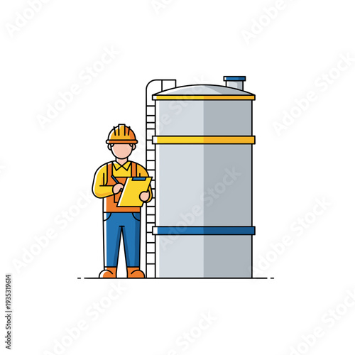 Construction worker inspecting storage tank while taking notes  