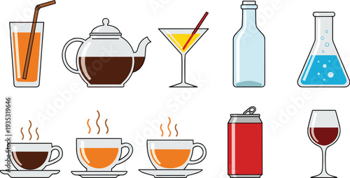 Drinks and Beverage Icons Collection Vector Set with Tea Coffee Juice Cocktail Wine Bottle and Soda Can