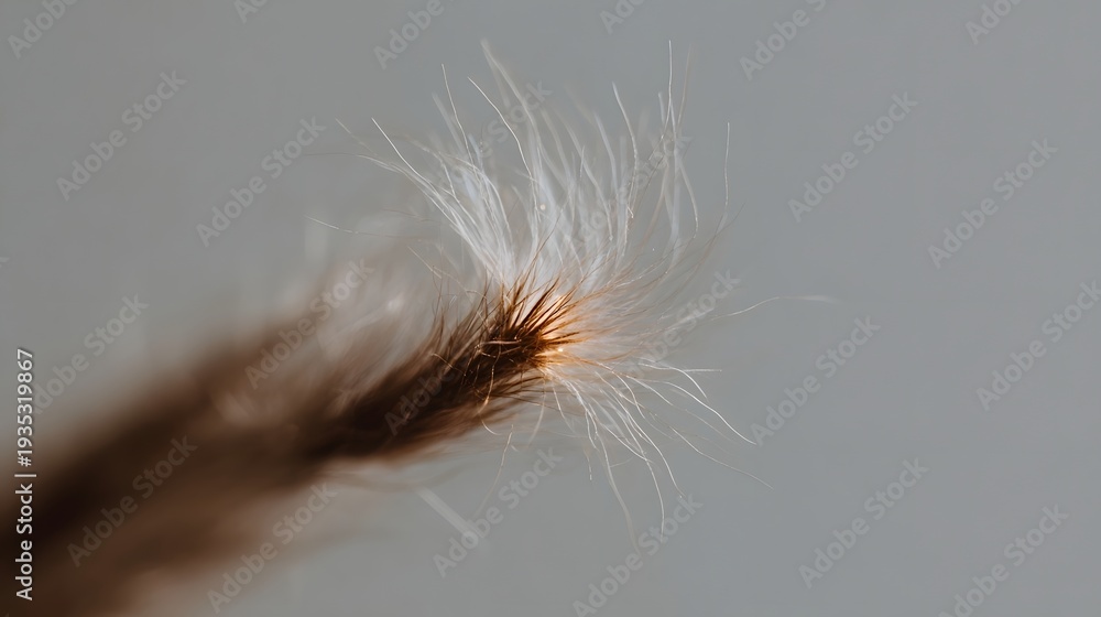 Fototapeta premium Detailed ro photograph of a fluffy plant seed tip showing delicate fibers illuminated by warm light on a neutral background