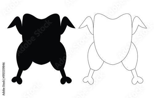 Roast chicken silhouette and outline vector illustration isolated on white background