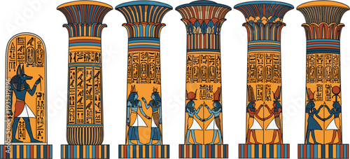 Ancient Egyptian Columns Collection with Hieroglyphs and Gods Decorative Pillars Vector Illustration for Historical Architecture Design