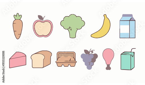 Minimal Cartoon Food and Drink Vector Set Pastel Grocery Icons Healthy Meal Illustration